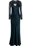 MICHELLE MASON MICHELLE MASON WOMAN LAYERED LACE AND SILK-CHARMEUSE GOWN STORM BLUE,3074457345620044662