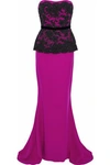 REEM ACRA REEM ACRA WOMAN STRAPLESS LAYERED EMBELLISHED LACE AND COTTON-BLEND GOWN MAGENTA,3074457345618101500
