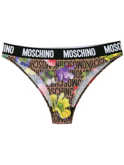 Moschino Floral And Logo Print Briefs In Brown