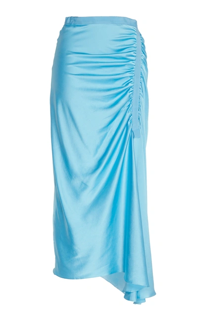 Christopher Esber Ruched Grosgrain-trimmed Silk-satin Midi Skirt In Blue