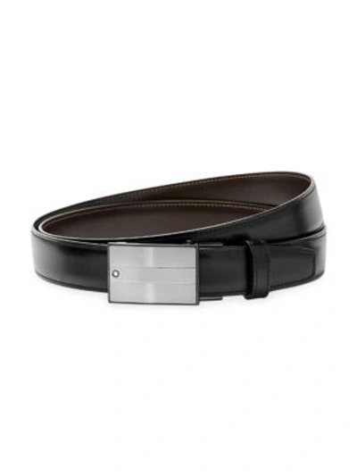 Montblanc Rectangular Matte & Shiny Stainless Steel Roll Plate Buckle Leather Belt In Black / Brown