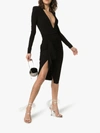 Alexandre Vauthier Deep V Gathered Waist Padded Shoulder Midi Dress In Black