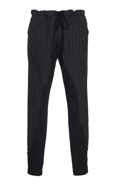 Greg Lauren 50/50 Cotton Twill-paneled Pinstriped Wool Track Pants In Grey