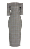 MARTIN GRANT OFF-THE-SHOULDER CHECKED WOOL-BLEND MIDI DRESS,727123