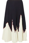 RED VALENTINO TWO-TONE PLEATED STRETCH-PIQUÉ MIDI SKIRT