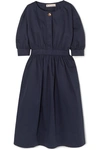 MARNI BELTED COTTON AND LINEN-BLEND TWILL MIDI DRESS