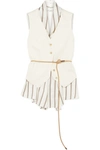 BRUNELLO CUCINELLI BELTED LAYERED CANVAS AND STRIPED SATIN VEST