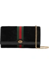 GUCCI Ophidia micro patent leather-trimmed suede shoulder bag