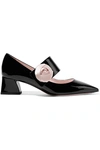ROGER VIVIER ROSE BUTTON SATIN-TRIMMED PATENT-LEATHER MARY JANE PUMPS