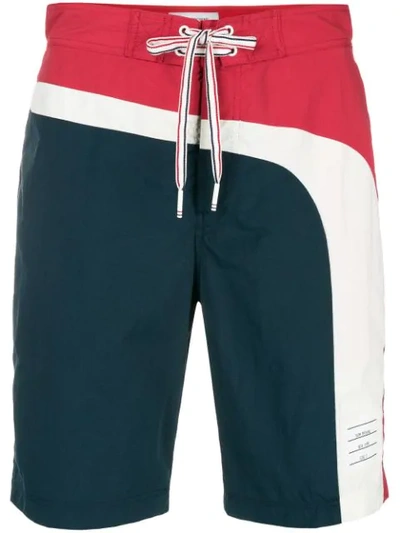 Thom Browne Tri-colour Stripe Drawstring Board Shorts In Blue