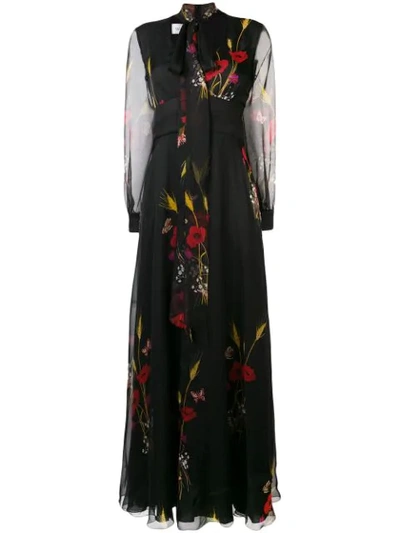 Valentino V-neck Long-sleeve Floral-meadow Print Chiffon Evening Gown In Black