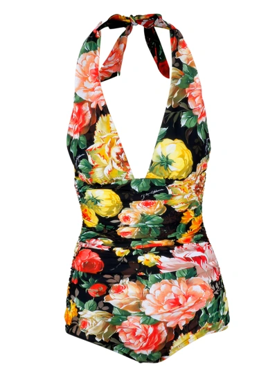 Dolce & Gabbana Gathered Floral-print Halterneck Swimsuit In Multicolour