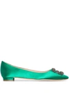 Manolo Blahnik Hangisi Crystal-embellished Satin Point-toe Flats In Green