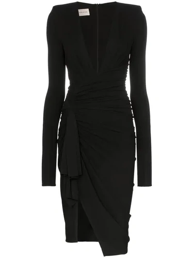 Alexandre Vauthier Deep V Gathered Waist Padded Shoulder Midi Dress - 黑色 In Black