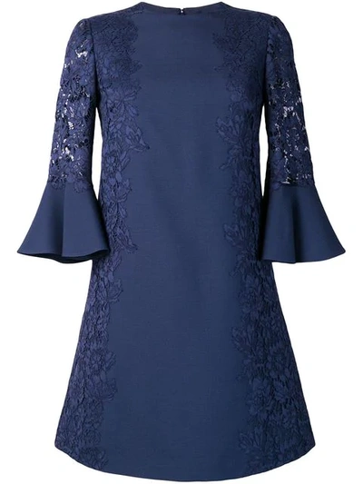 Valentino Jewel-neck 3/4 Flutter Cuff Crepe Couture Dress In Blue