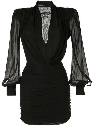 Tom Ford Chiffon-sleeve Plunging V-neck Mini Dress In Black