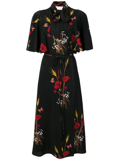 Valentino Floral Meadow Print Crepe De Chine Faux Wrap Dress In Black