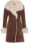 SOIA & KYO SOIA & KYO WOMAN BELTED SUEDE SHEARLING COAT BROWN,3074457345618742453