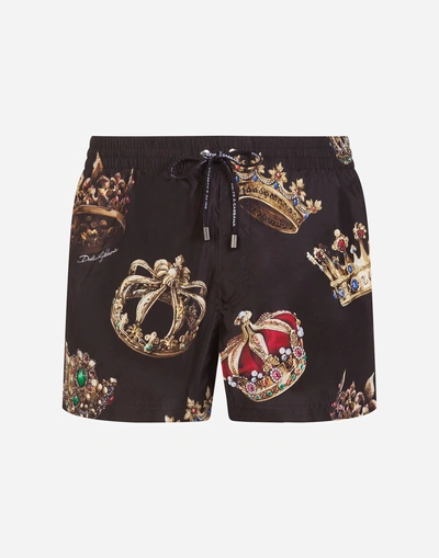 Dolce & Gabbana Short Printed Swimming Trunks With Pouch In Black