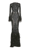 ZUHAIR MURAD BEADED AND FEATHER-TRIMMED SILK GOWN,719731