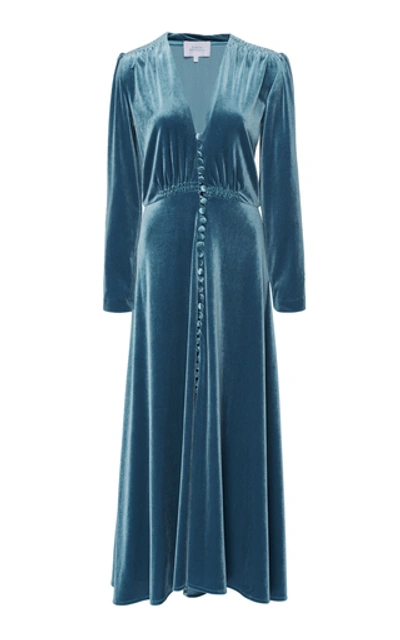 Luisa Beccaria Button Down Flared Velvet Midi Dress In Blue