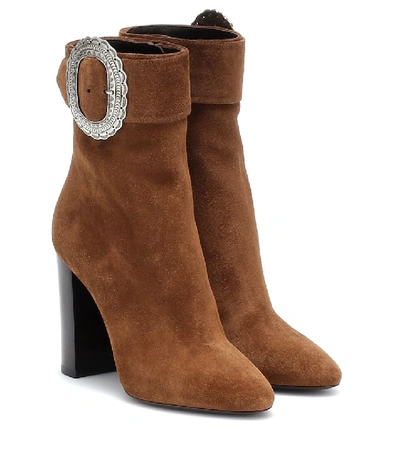 Saint Laurent Joplin Embellished Suede Ankle Boots In Brown