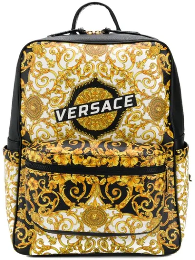 Versace Logo Baroque Print Leather Backpack In Yellow