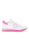 PHILIPPE MODEL TROPEZ WHITE LEATHER AND FLUO FUCHSIA FABRIC SNEAKER,10815176