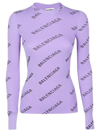 Balenciaga Women's Lilac Purple And Black Logo-print Ribbed Jersey Top