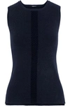 ELIE TAHARI ELIE TAHARI WOMAN PENNY OPEN KNIT-TRIMMED RIBBED-KNIT TOP NAVY,3074457345620154314