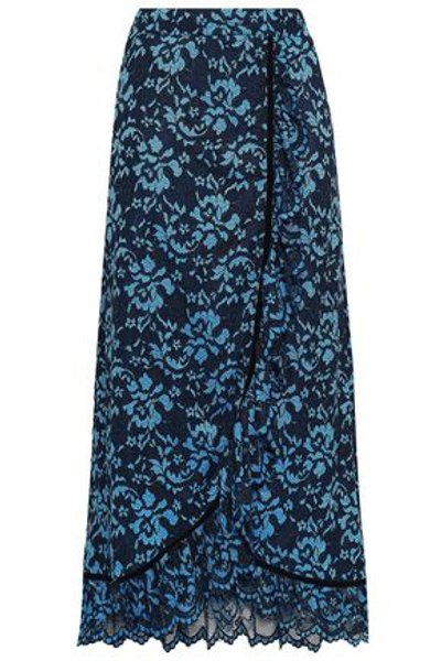 Ganni Flynn Ruffled Velvet-trimmed Lace Maxi Skirt In Midnight Blue