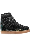 SOPHIA WEBSTER QUENTIN GLITTERED LEATHER, SHEARLING AND MESH SNOW BOOTS,3074457345619860456