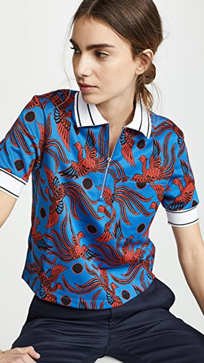 Kenzo Phoenix-print Quarter-zip Cropped Polo Shirt In Blue