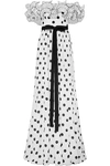 ANDREW GN RUFFLED OFF-THE-SHOULDER POLKA-DOT SILK CREPE DE CHINE GOWN