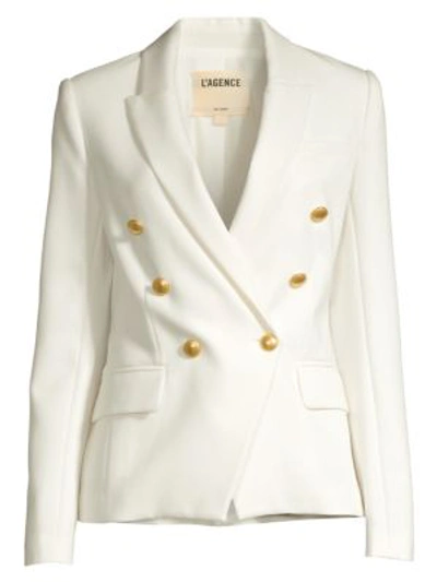 L Agence Kenzie Double-breasted Leather Blazer In White