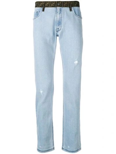 Fendi Ff Jacquard-waistband Straight-leg Jeans In Blue