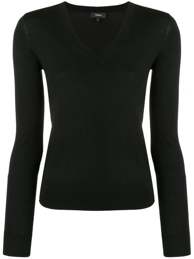 Theory Round-neck Ribbed Wool-blend Jumper In Black