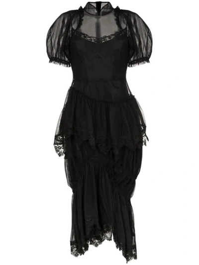 Simone Rocha Sheer Mesh Puffed Sleeve Midi Dress In Black