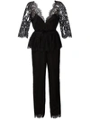 Marchesa Notte Belted Lace Jumpsuit In Black
