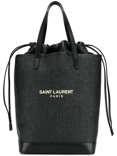 Saint Laurent Teddy Leather-trimmed Printed Raffia Tote In Black