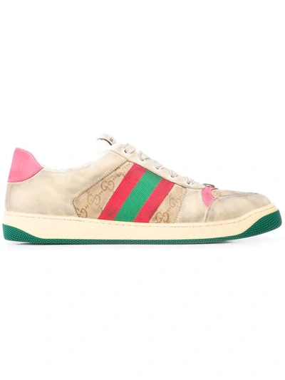 Gucci Screener Gg Supreme Leather Trainers In White,pink