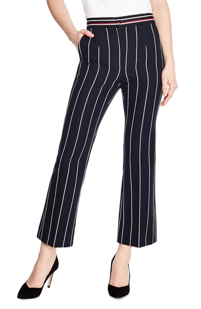 Sandro Blanche Striped Cropped Linen-blend Trousers In Navy Blue