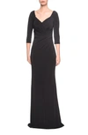La Femme Ruched Jersey Column Gown In Black