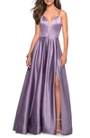 LA FEMME STRAPPY BACK SATIN BALLGOWN,26994