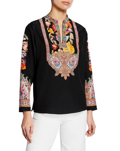 Etro Printed Twill-trimmed Silk-crepe Blouse In Black