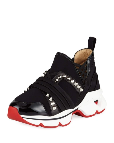 Christian Louboutin 123 Run Paneled Embellished Neoprene Sneakers In Black