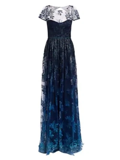 Marchesa Notte Illusion Embroidered Floor-length Gown In Navy