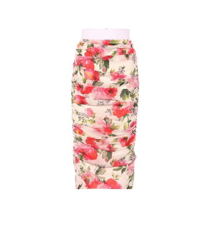 Dolce & Gabbana Ruched Floral-print Silk Midi Skirt In Pink