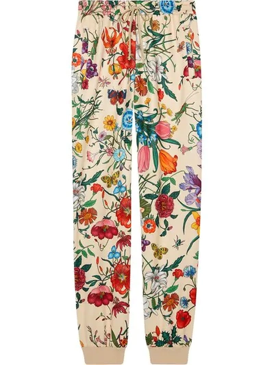 Gucci Flora Snake Silk Pajama Pants, White/multi