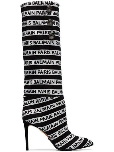 Balmain Black And White Jane 95 Knee High Boots